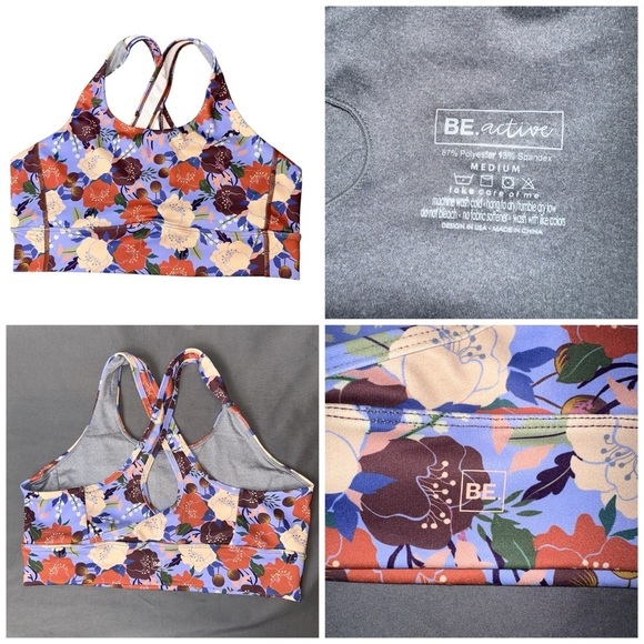 Be. Active Bra Womens Medium Lilac Floral Sport Workout Athletic Gym Casual - Picture 6 of 8